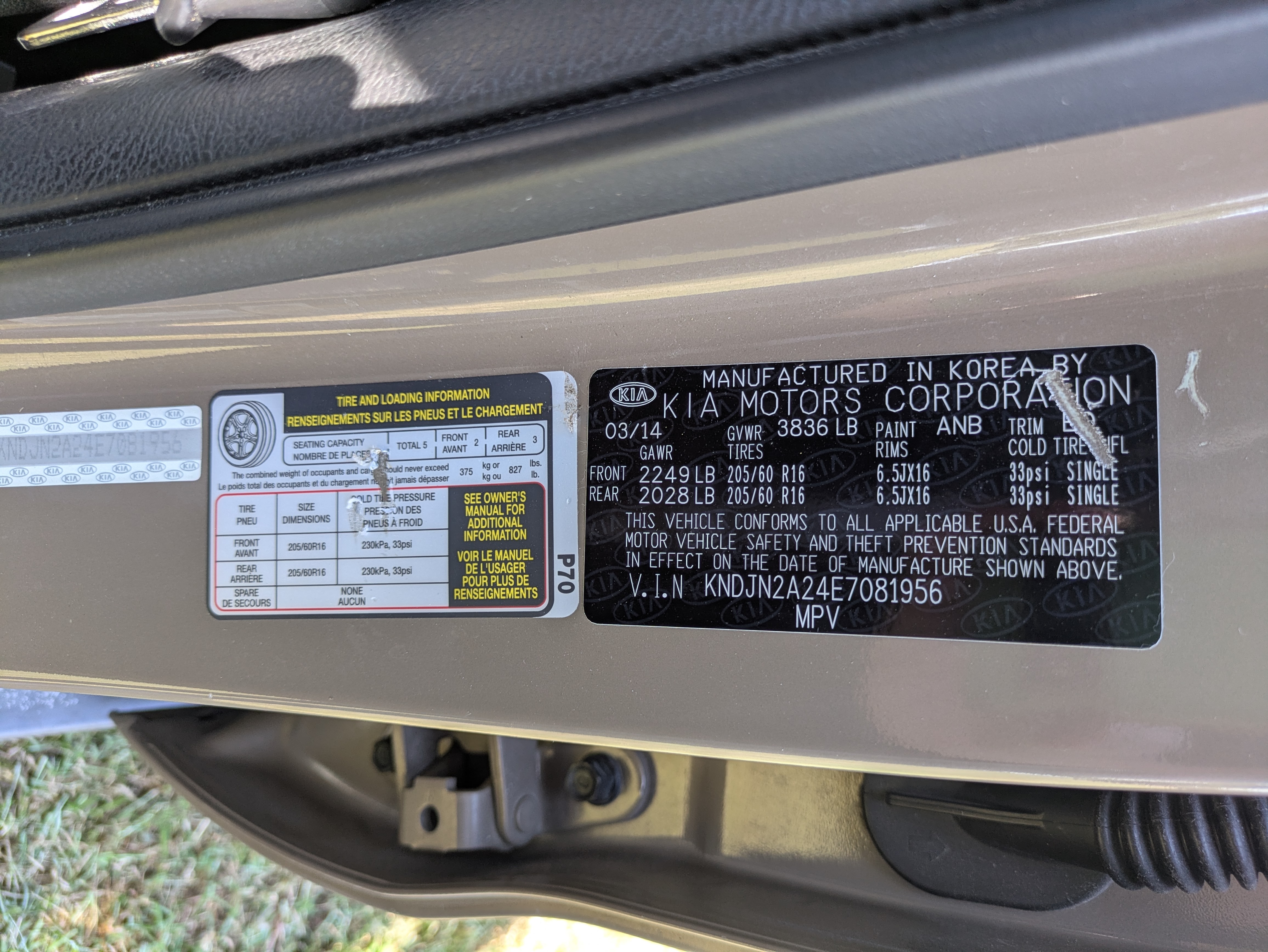 Kia Soul VIN plate